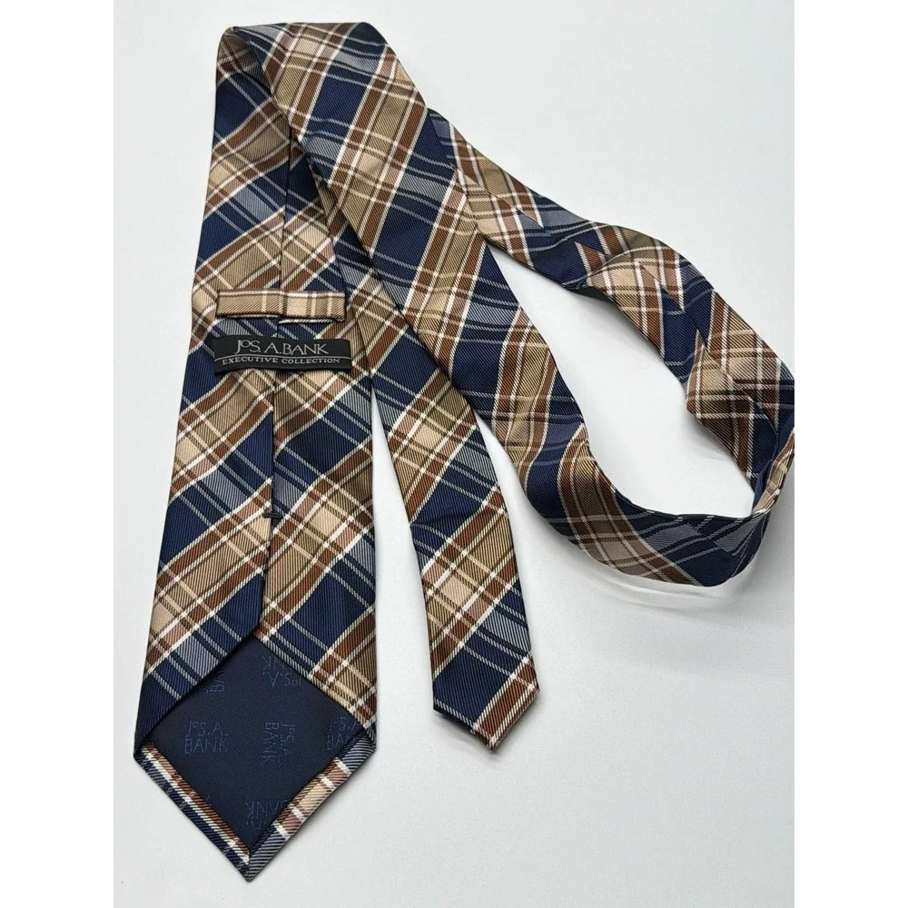 Jos.‎ A. Bank Executive Collection Mens Navy Blue Tan Plaid 100% Silk Necktie